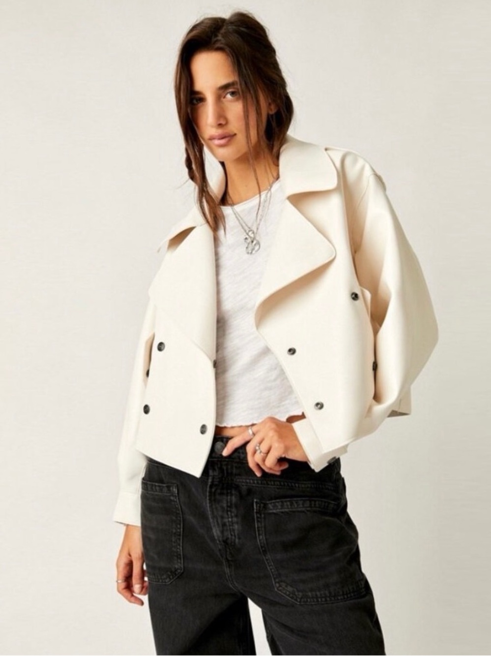 We The Free Alexis White Ivory Vegan Leather Oversized Jacket S